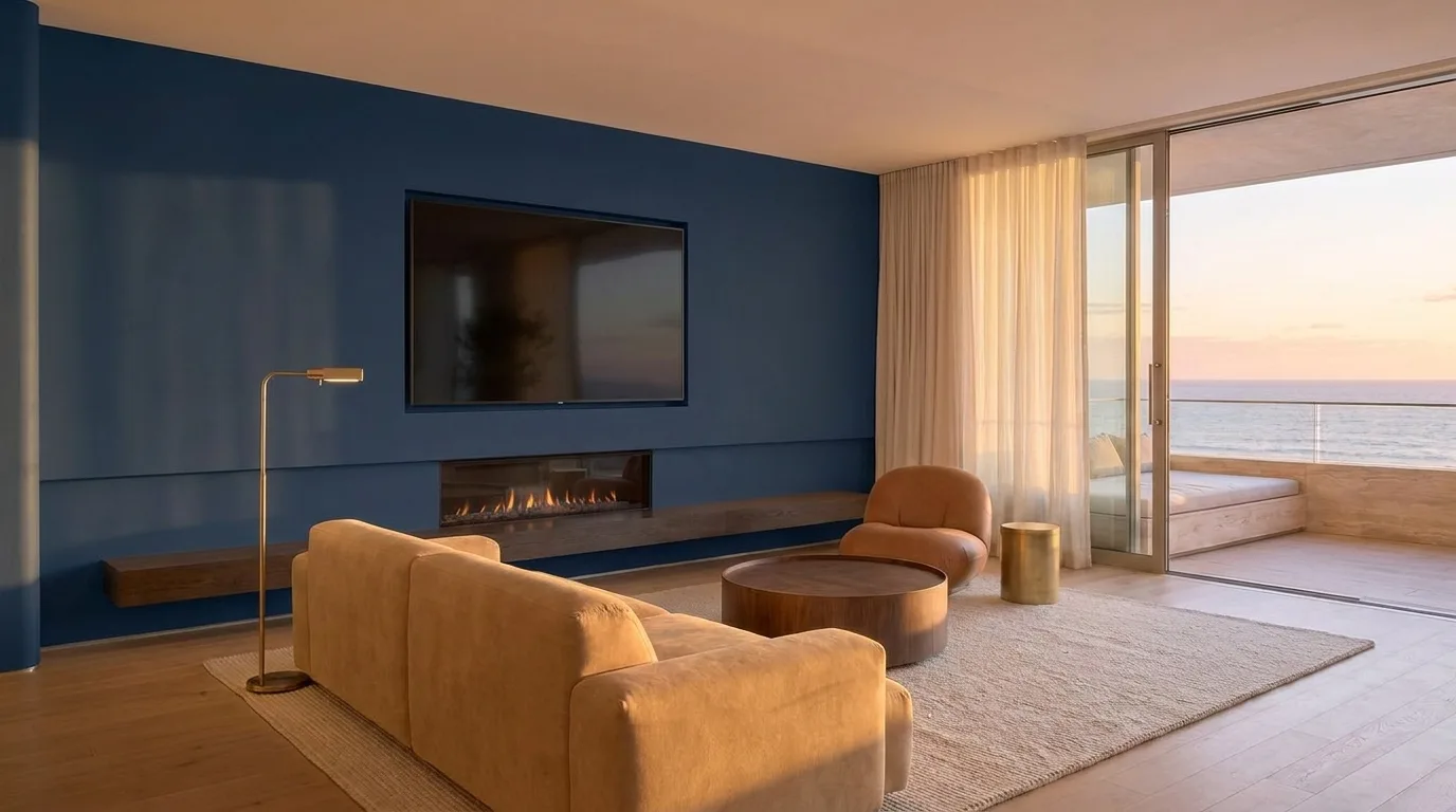 The same navy room seen from a different corner — the finish stays locked as you move